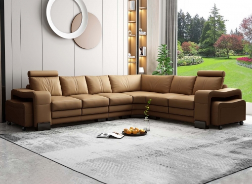 Canapé d'angle réversible en cuir camel avec appuie tête relax HAVANE