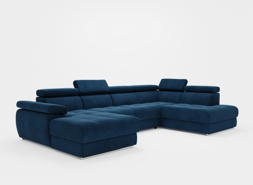 Canapé panoramique convertible avec coffre en velours bleu foncé MARIANO- Angle gauche