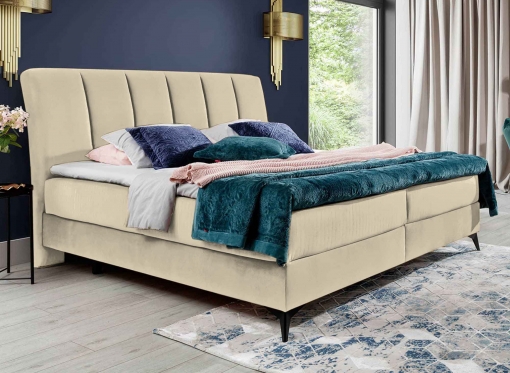 Lit boxspring 180x200 avec coffre de rangement en velours beige ADELE