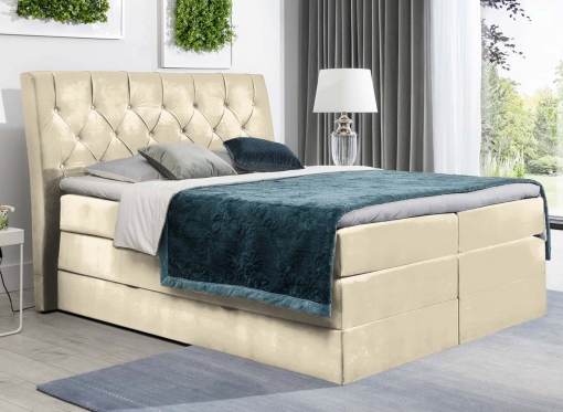 Lit boxspring 180x200 avec coffre de rangement en velours beige MIRANDA