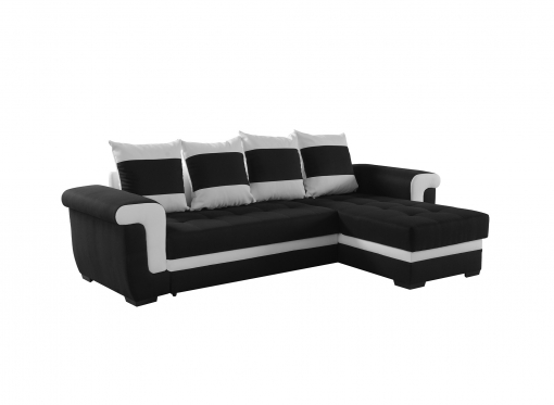 Canapé d'angle convertible et réversible avec coffre de rangement en simili blanc et tissu noir NEPAL