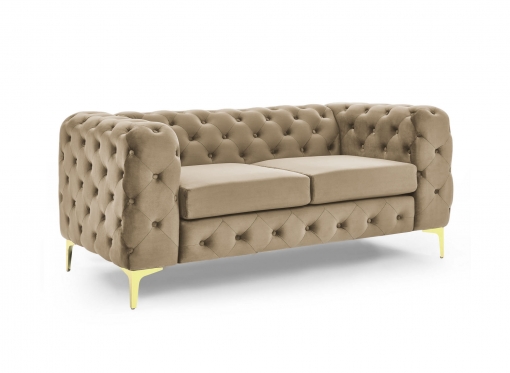 Canapé 2 places chesterfield en velours beige et pieds en métal doré - KINGSTON