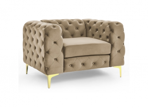 Fauteuil capitonné chesterfield velours beige et pieds en métal doré KINGSTON