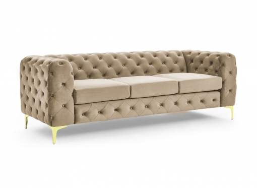 Canapé 3 places chesterfield en velours beige et pieds en métal doré - KINGSTON