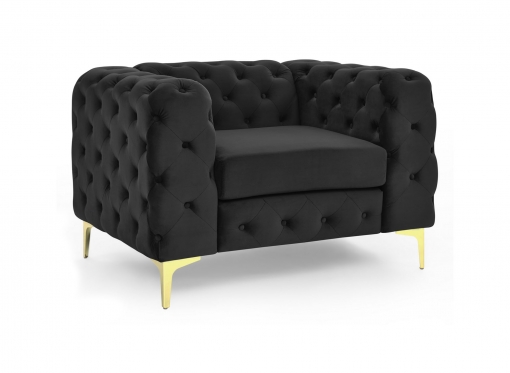 Fauteuil capitonné chesterfield velours noir et pieds en métal doré KINGSTON