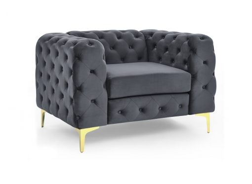 Fauteuil capitonné chesterfield velours gris et pieds en métal doré KINGSTON