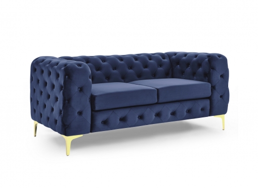 Canapé 2 places chesterfield en velours bleu foncé et pieds en métal doré - KINGSTON