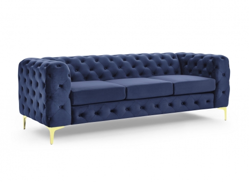 Canapé 3 places chesterfield en velours bleu foncé et pieds en métal doré - KINGSTON