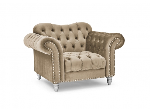 Fauteuil chesterfield courbé en velours beige et pieds en métal argenté - RACHEL