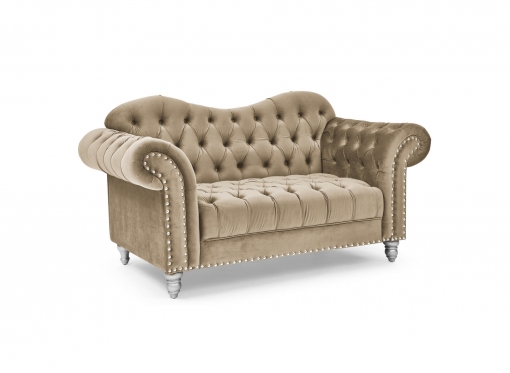 Canapé 2 places chesterfield courbé en velours beige et pieds en métal argenté - RACHEL