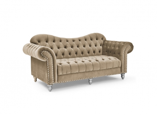 Canapé 3 places chesterfield courbé en velours beige et pieds en métal argenté - RACHEL