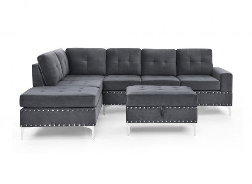 Canapé d'angle réversible en velours gris et pieds doré avec pouf ANTALIA