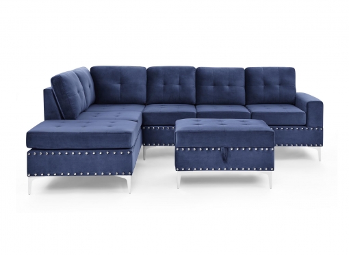 Canapé d'angle réversible en velours bleu avec pouf ANTALIA