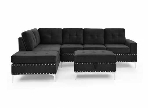 Canapé d'angle réversible en velours noir avec pouf ANTALIA