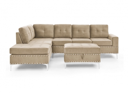 Canapé d'angle réversible en velours beige avec pouf ANTALIA