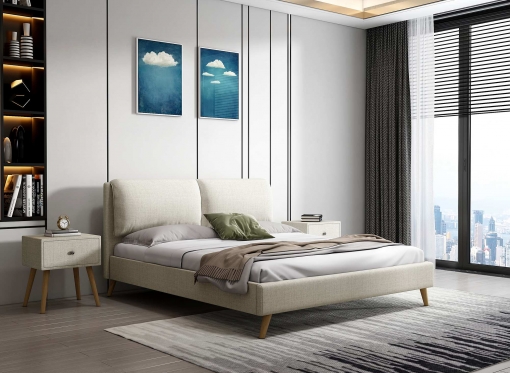 Lit double scandinave en tissu beige 140x190 cm QUINN