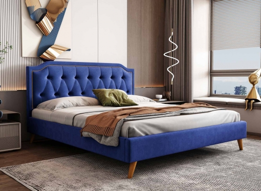 Lit double capitonné en velours bleu 140x190 cm HAILEY