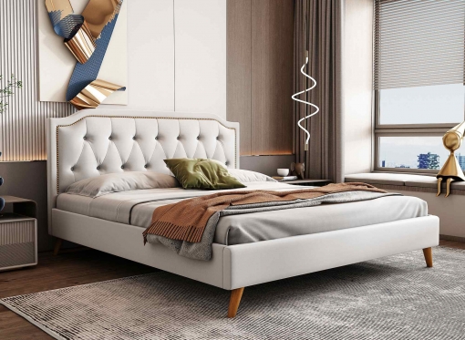Lit double capitonné en velours beige 140x190 cm HAILEY