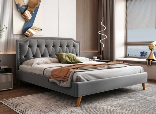 Lit double capitonné en velours gris 140x190 cm HAILEY