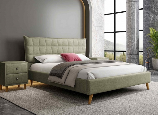 Lit double scandinave en tissu vert kaki 140x190 cm COLINE