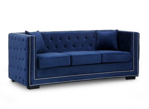 Canapé 3 places capitonné chesterfield design en velours bleu CUBE