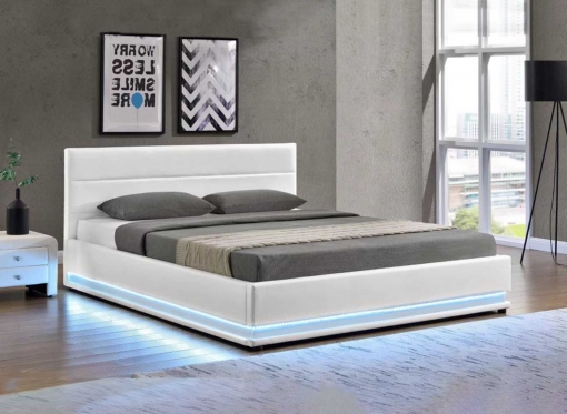 Lit coffre en simili cuir blanc avec LED 160x200 cm ELENCE