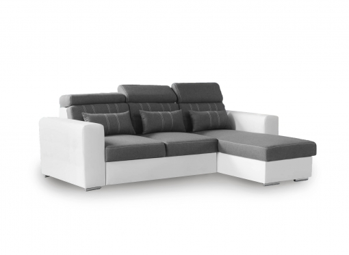 Canapé d'angle convertible et réversible avec coffre de rangement en simili blanc et tissu gris foncé SANDRA