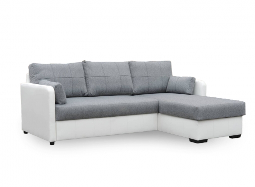 Canapé d'angle convertible et réversible avec coffre de rangement en simili blanc et tissu gris MILANE