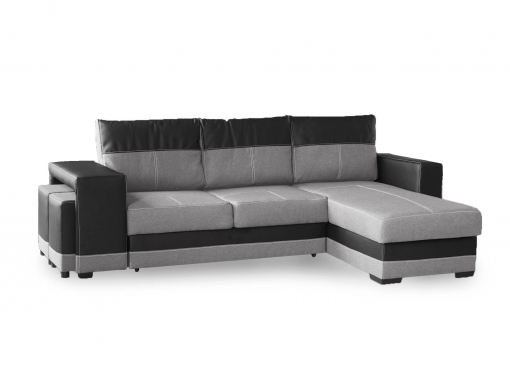 Canapé d'angle réversible convertible avec coffre et 2 poufs noir et gris clair LISBONNE