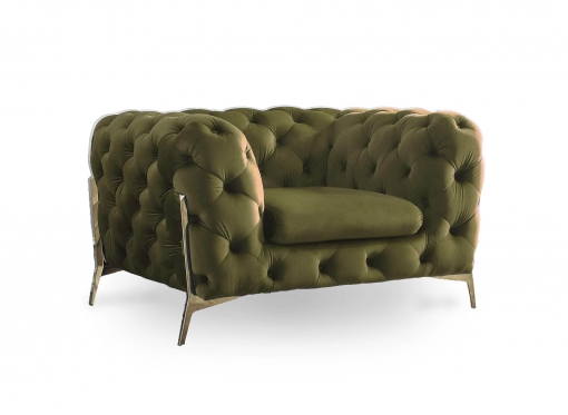 Fauteuil capitonné chesterfield velours vert kaki CARMEN