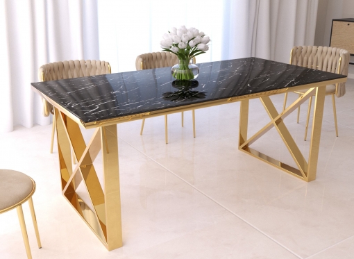 Table à manger rectangulaire effet marbre noir et pieds dorés ISORE