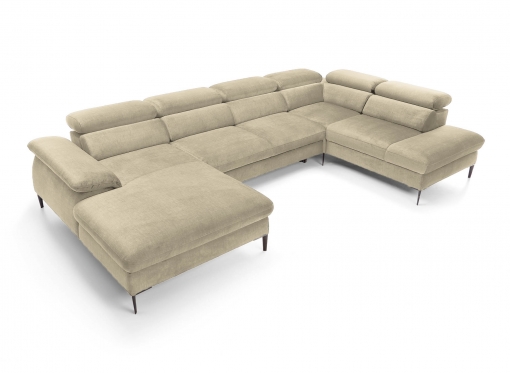 Canapé d'angle convertible et panoramique avec 2 coffres en velours beige SWAN - Angle gauche