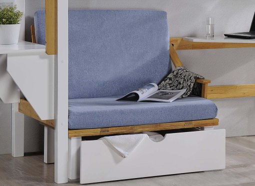 Lit mezzanine 90x190 cm avec bureau chauffeuse et rangements en bois et blanc ARMAND