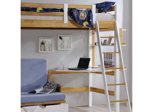 Lit mezzanine 90x190 cm avec bureau chauffeuse et rangements en bois et blanc ARMAND