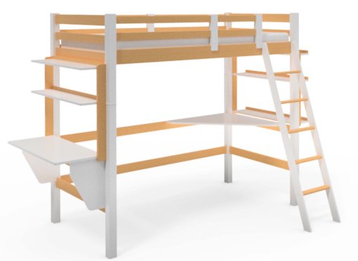Lit mezzanine 90x190 cm avec bureau chauffeuse et rangements en bois et blanc ARMAND