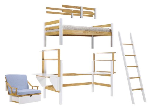 Lit mezzanine 90x190 cm avec bureau chauffeuse et rangements en bois et blanc ARMAND