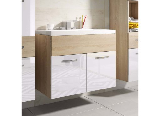 Ensemble meubles salle de bain suspendu - Bois et blanc SHELBY