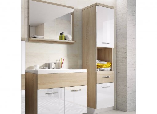 Ensemble meubles salle de bain suspendu - Bois et blanc SHELBY