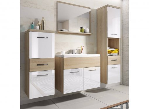 Ensemble meubles salle de bain suspendu - Bois et blanc SHELBY